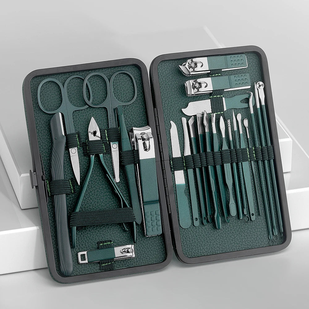 Green Stainless Steel Nail Cutter & Pedicure Scissors Set (7/13/24 pcs)