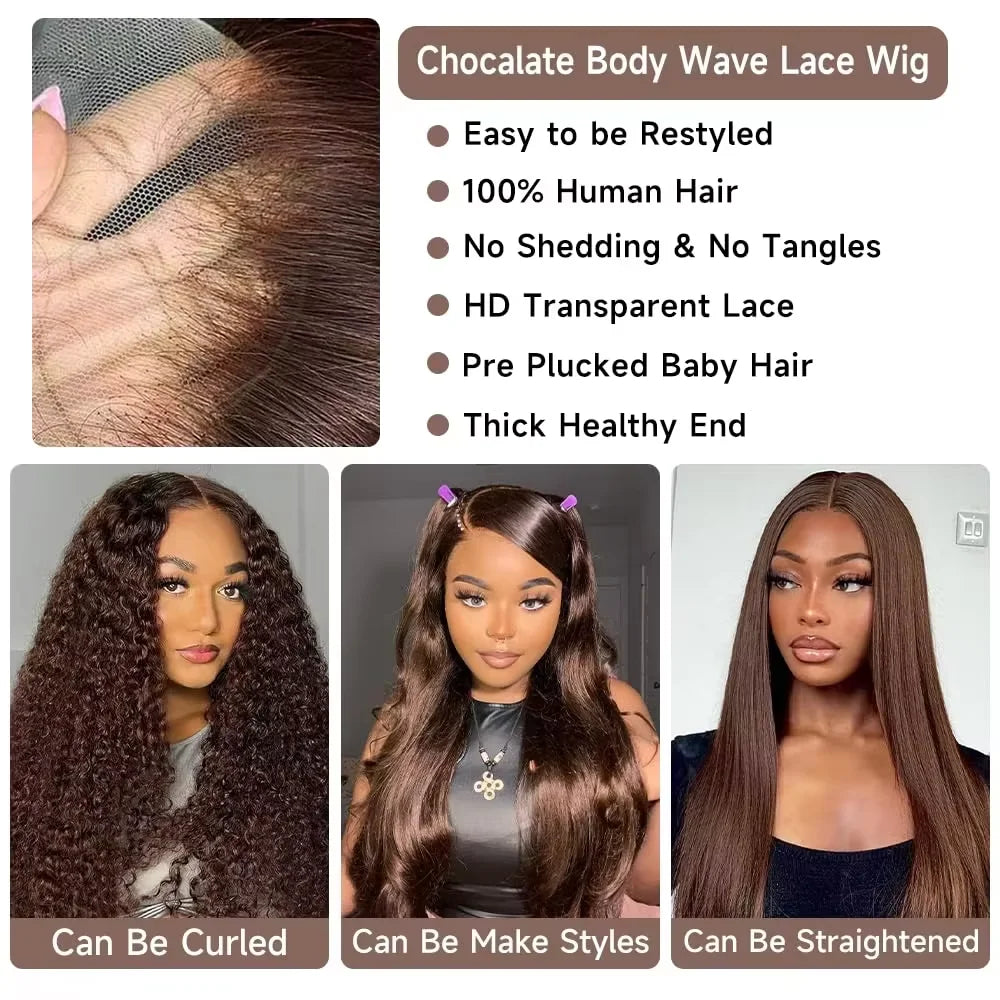 13x6 HD Lace Front Wig – Chocolate Brown Body Wave (46 Inch, 200% Density)