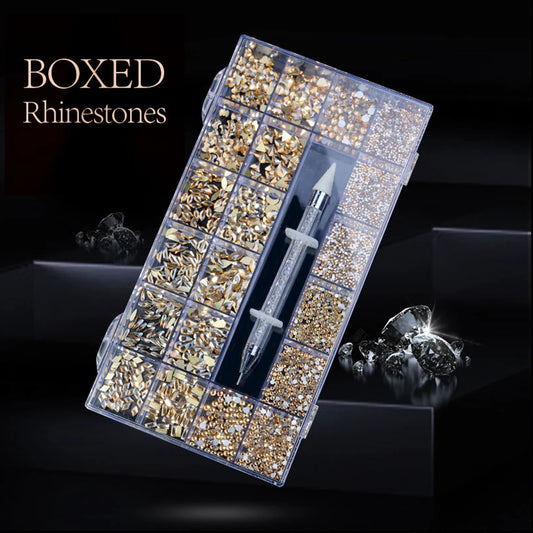 21-Grid Nail Art Rhinestone Set – Multi-Style Flat Bottom Glass Diamonds