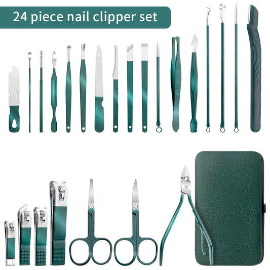 Green Stainless Steel Nail Cutter & Pedicure Scissors Set (7/13/24 pcs)