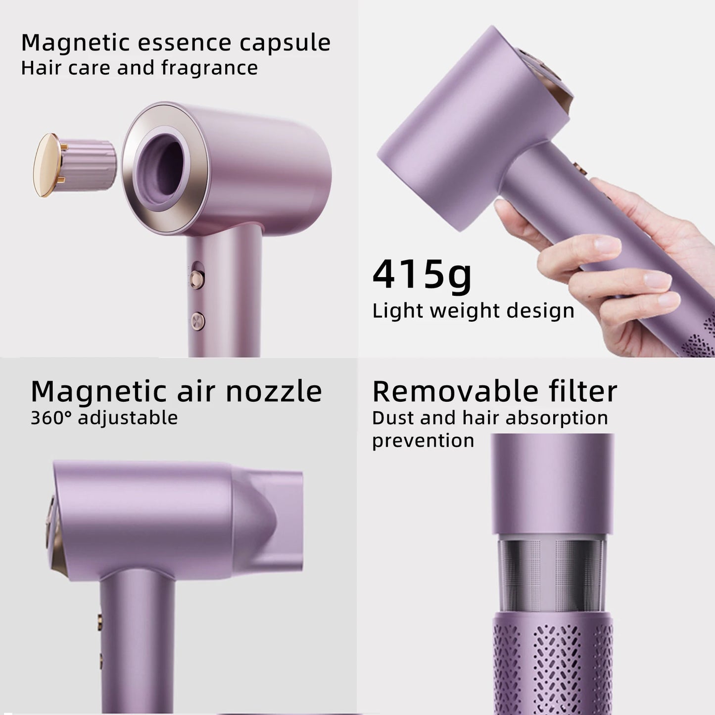 Tinsol Hair Dryer, 500 Million Plasma Professional, 130000RPM High Speed Brushless Motor Blow Dryer Fragrance  Home Travel