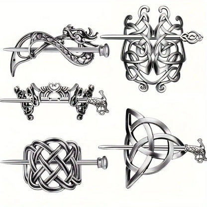 5 Pcs Viking Celtic Long Hair Clips - Vintage Silver Celtic Knot Hair Stick Jewellery Hair Slide and Metal Hairpin Barrettes