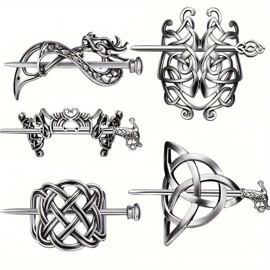 5 Pcs Viking Celtic Long Hair Clips - Vintage Silver Celtic Knot Hair Stick Jewellery Hair Slide and Metal Hairpin Barrettes