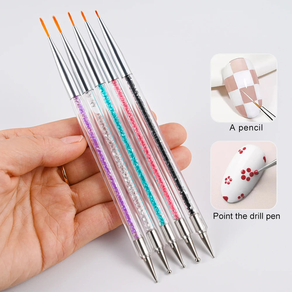 5PCS Nail Art Brush & Dotting Tool Set – Striping, Liner & Rhinestone Picker