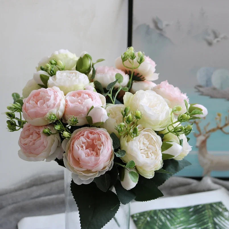 1 Bundle Artificial Roses Flowers Silk Peony Bouquet Home Decoration Accessorie Wedding Party Scrapbook Fake Plants Diy Pompons