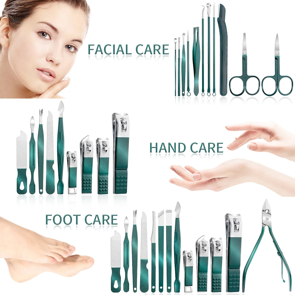 Green Stainless Steel Nail Cutter & Pedicure Scissors Set (7/13/24 pcs)